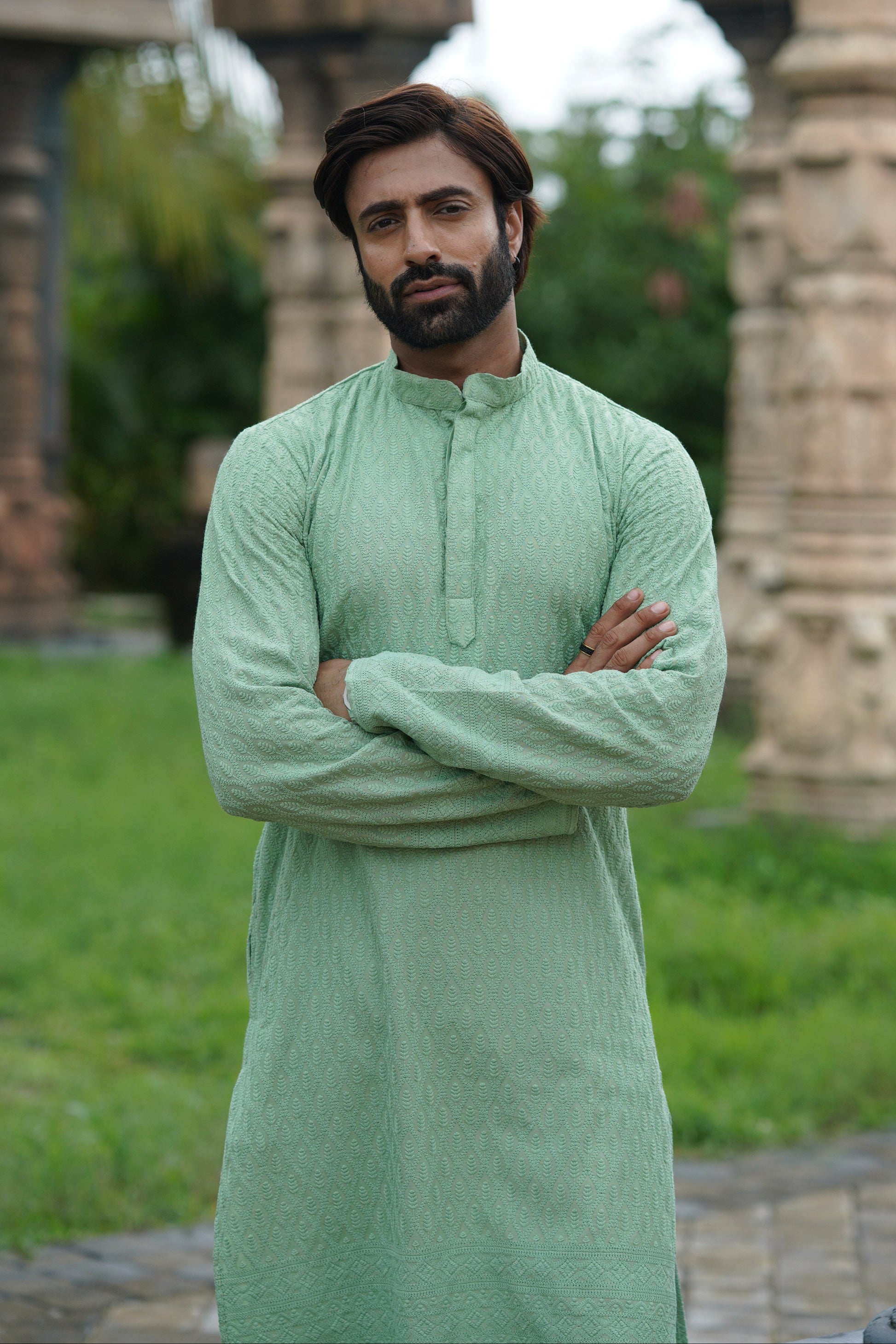 Pista Green Chikankari Embroidered Men’s Kurta Pyjama Set