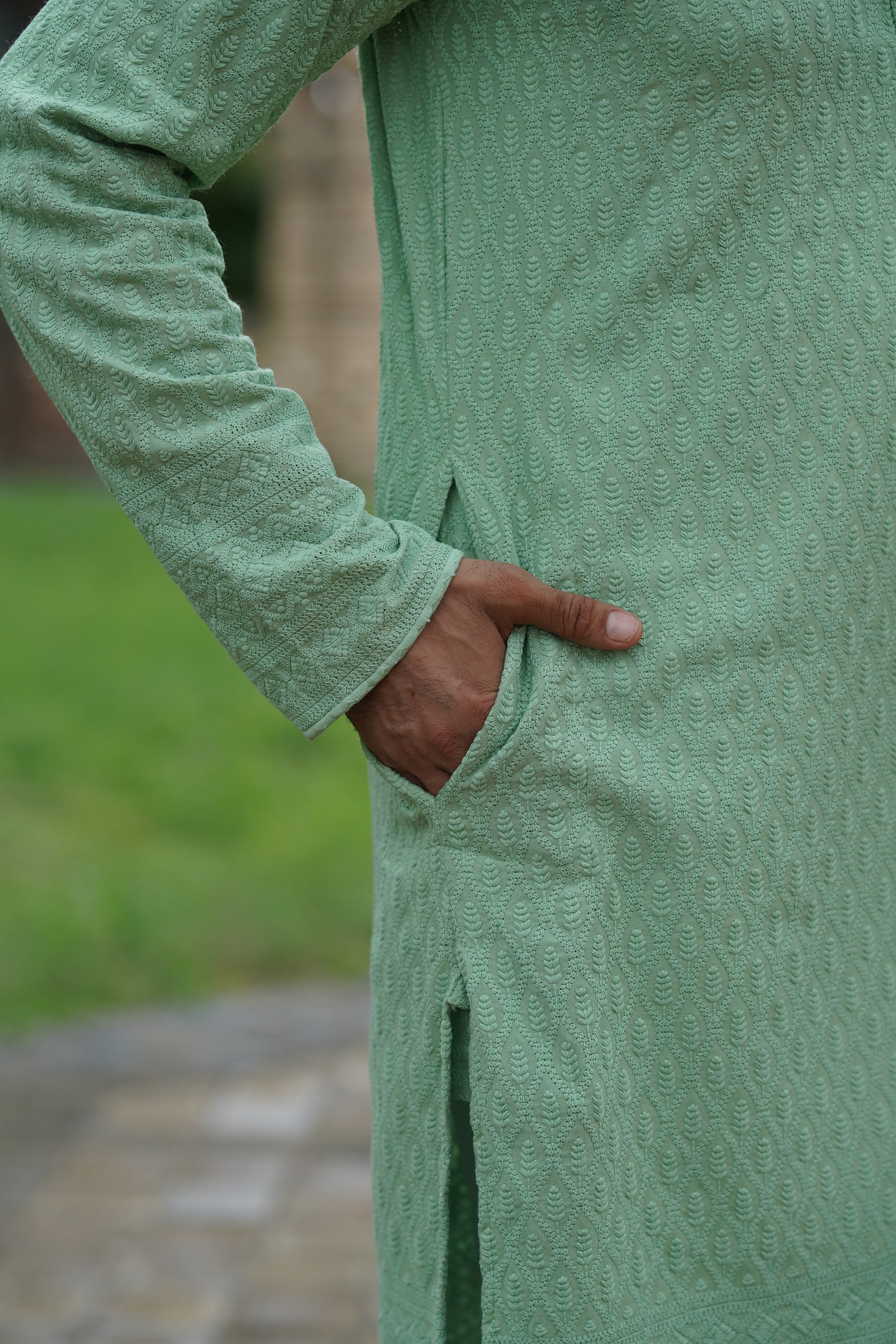 Pista Green Chikankari Embroidered Men’s Kurta Pyjama Set