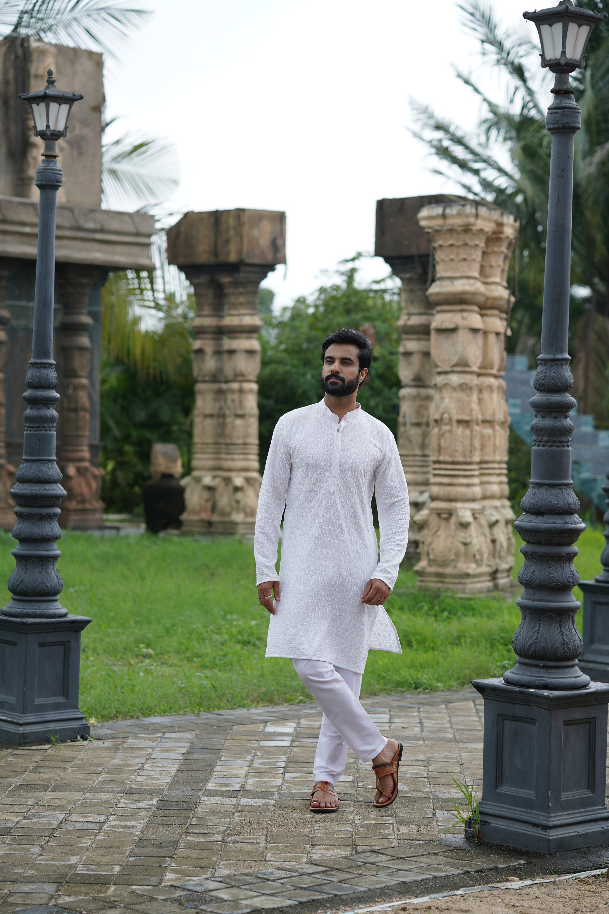 White Chikankari Embroidered Men’s Kurta Pyjama Set