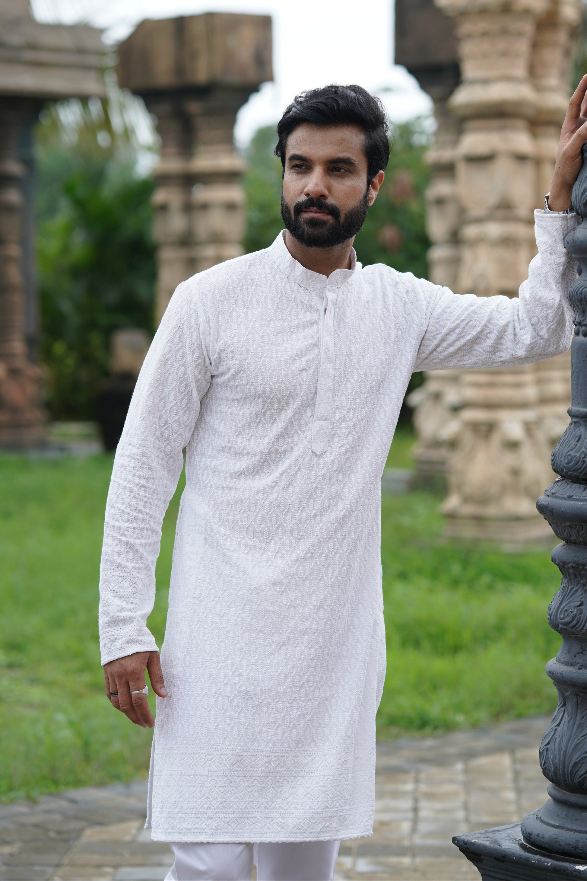 White Chikankari Embroidered Men’s Kurta Pyjama Set