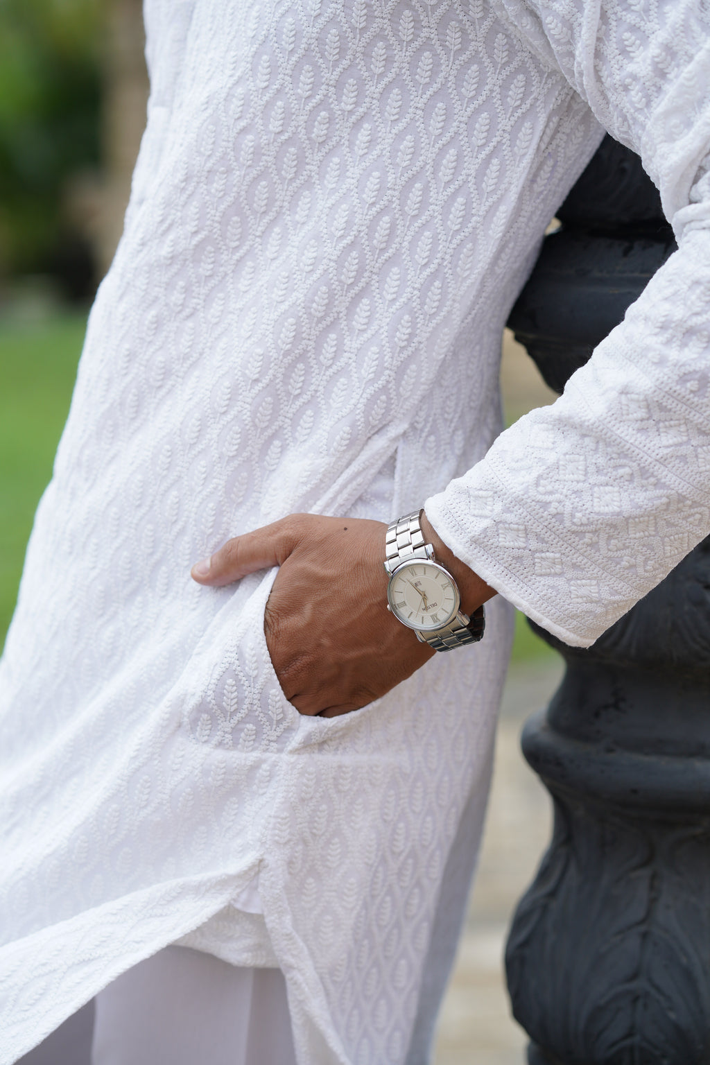 White Chikankari Embroidered Men’s Kurta Pyjama Set