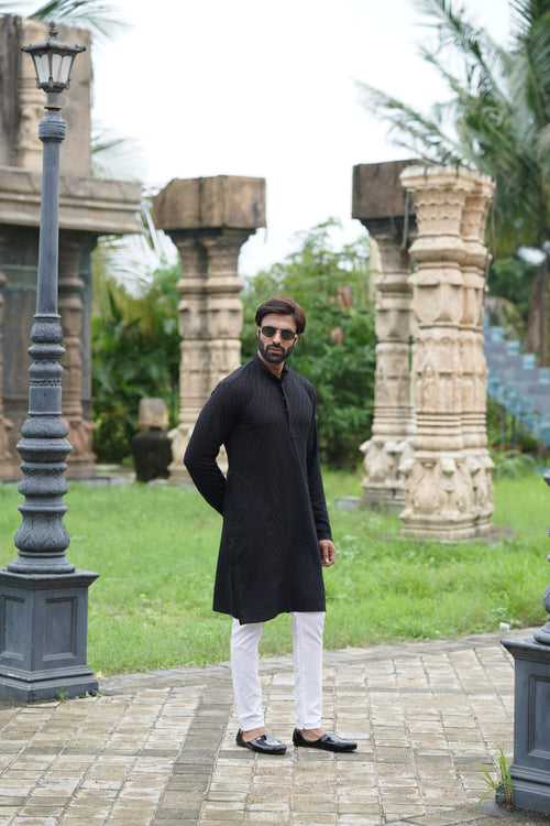 Black Chikankari Embroidered Men’s Kurta Pyjama Set