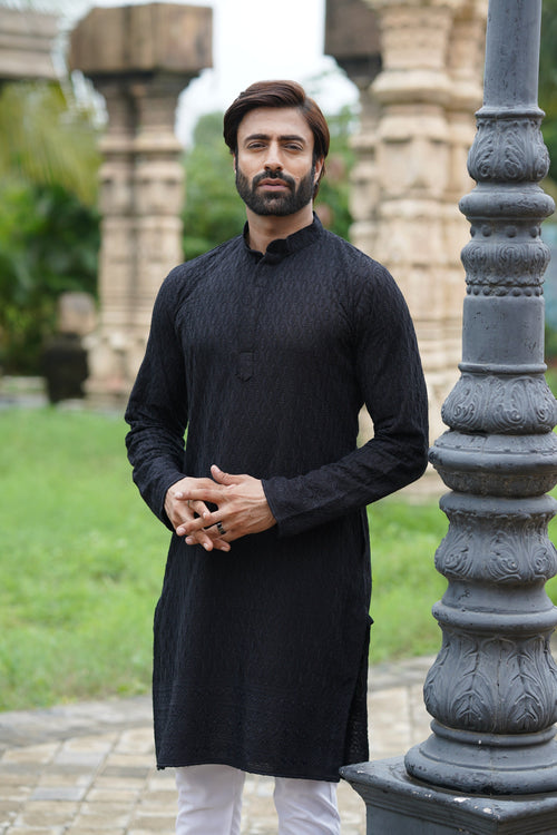 Black Chikankari Embroidered Men’s Kurta Pyjama Set