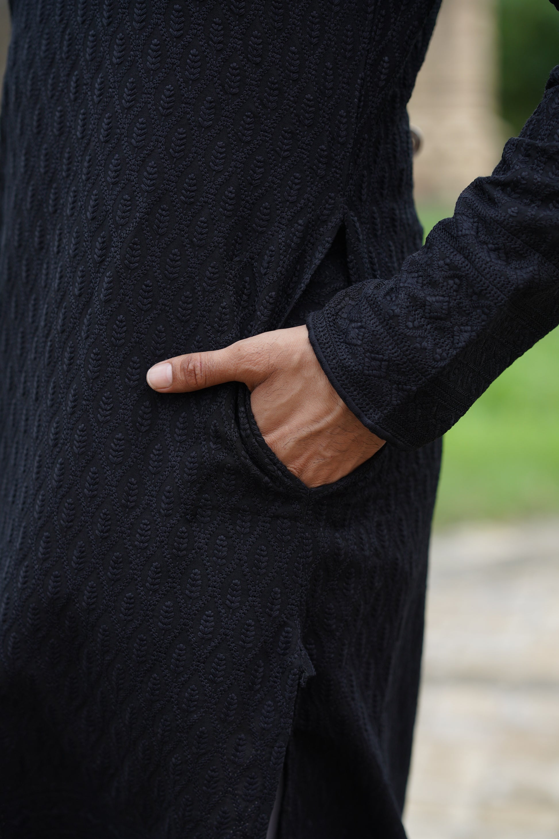 Black Chikankari Embroidered Men’s Kurta Pyjama Set
