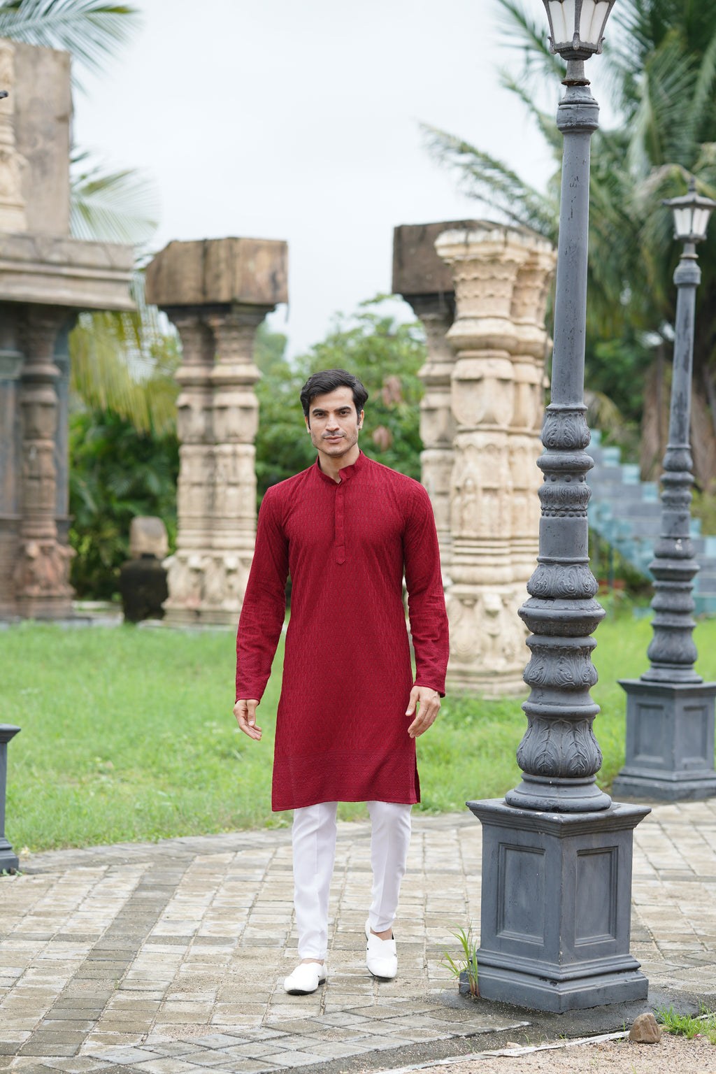 Maroon Chikankari Embroidered Men’s Kurta Pyjama Set