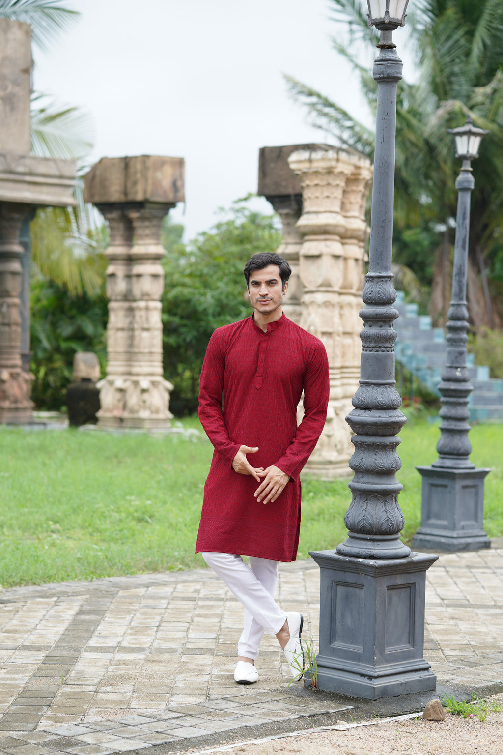 Maroon Chikankari Embroidered Men’s Kurta Pyjama Set