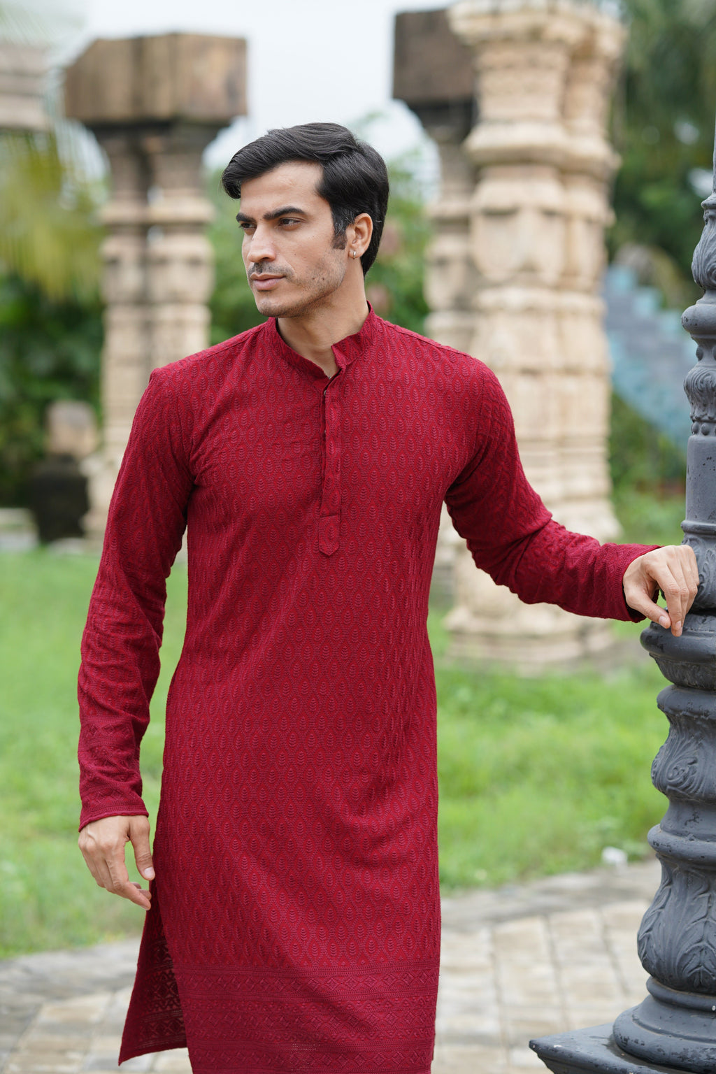 Maroon Chikankari Embroidered Men’s Kurta Pyjama Set