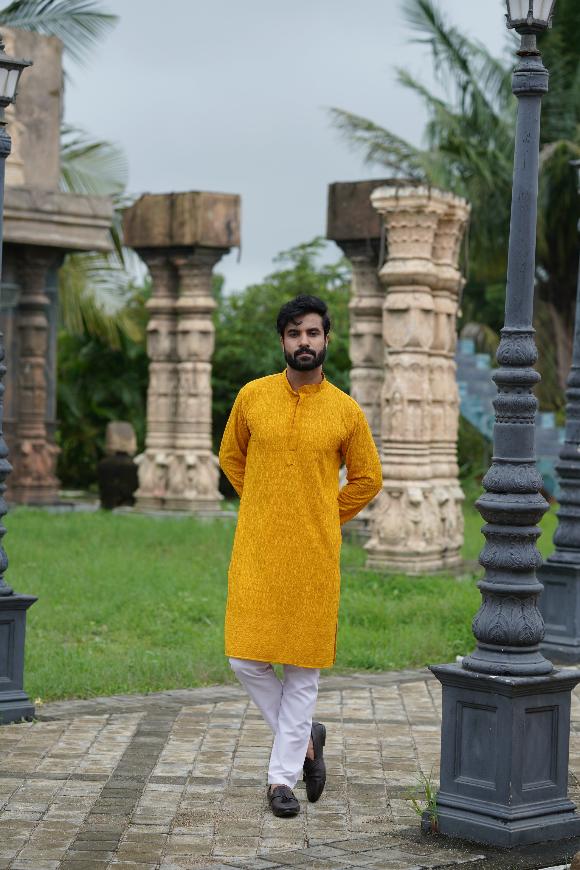 Yellow Chikankari Embroidered Men’s Kurta Pyjama Set