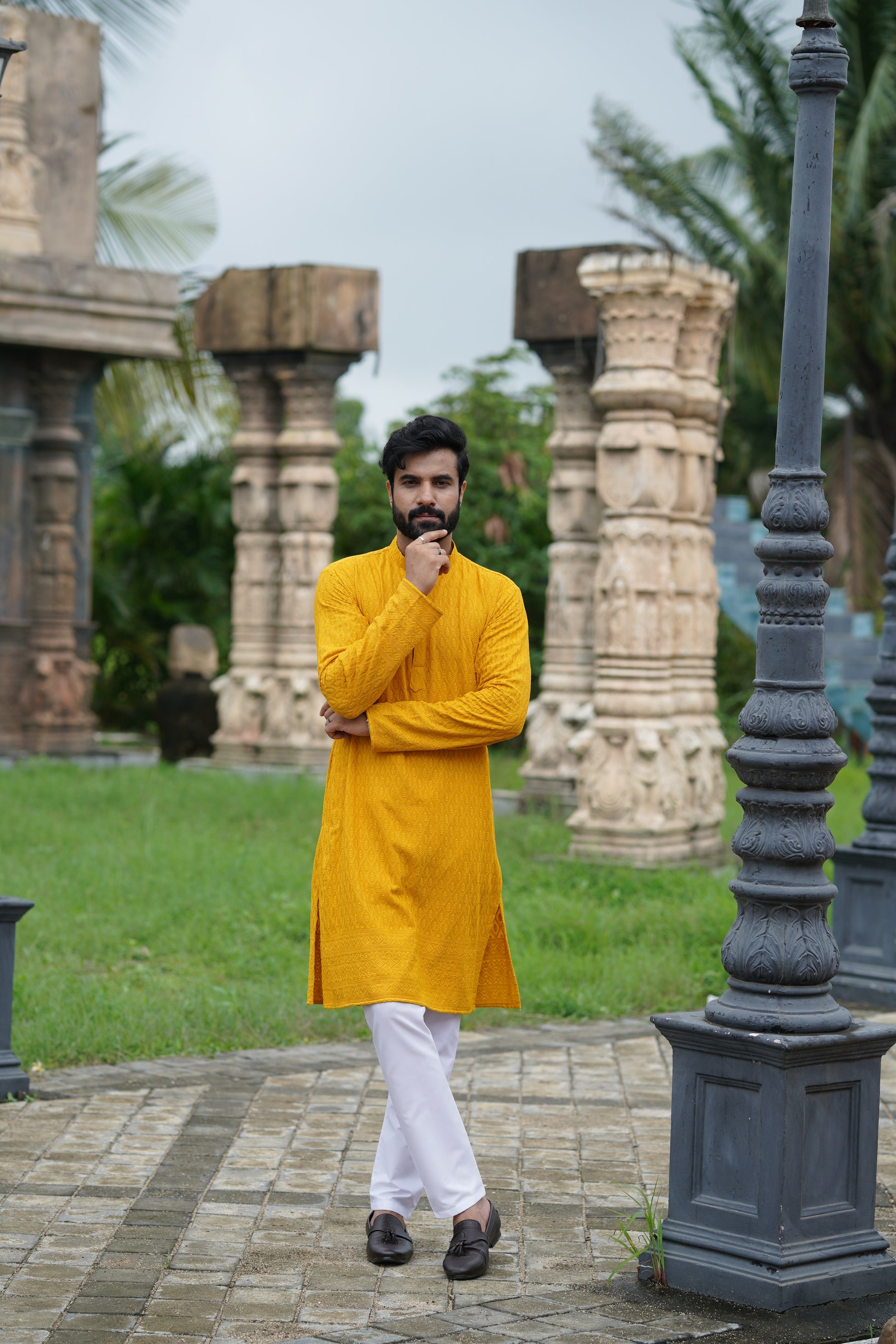 Yellow Chikankari Embroidered Men’s Kurta Pyjama Set