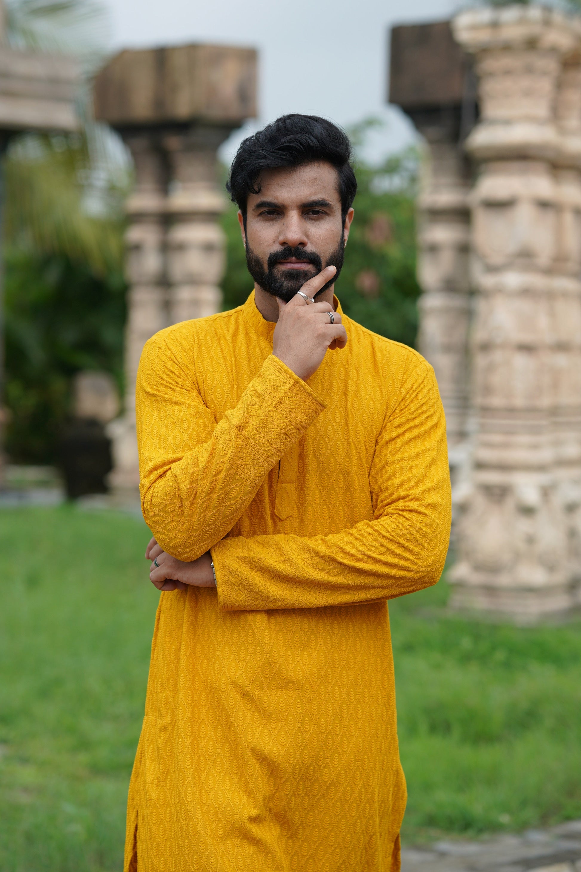 Yellow Chikankari Embroidered Men’s Kurta Pyjama Set
