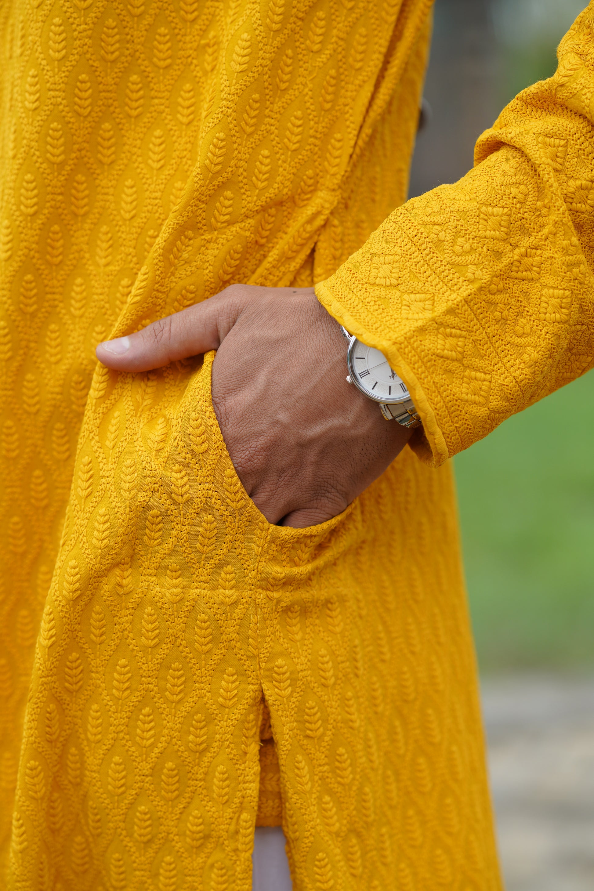 Yellow Chikankari Embroidered Men’s Kurta Pyjama Set