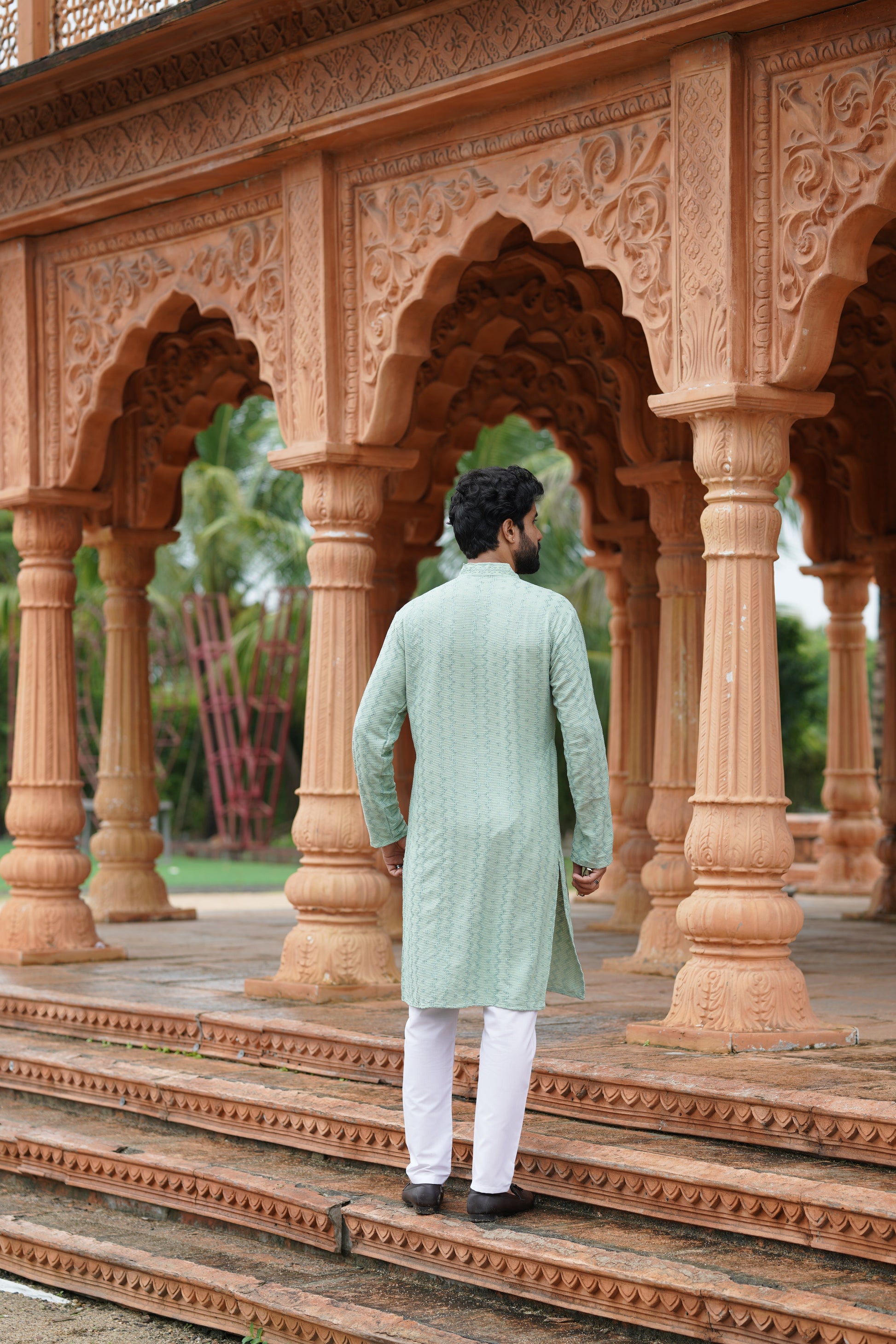 Men's Pista Green Chikankari Embroidered and Sequin Kurta