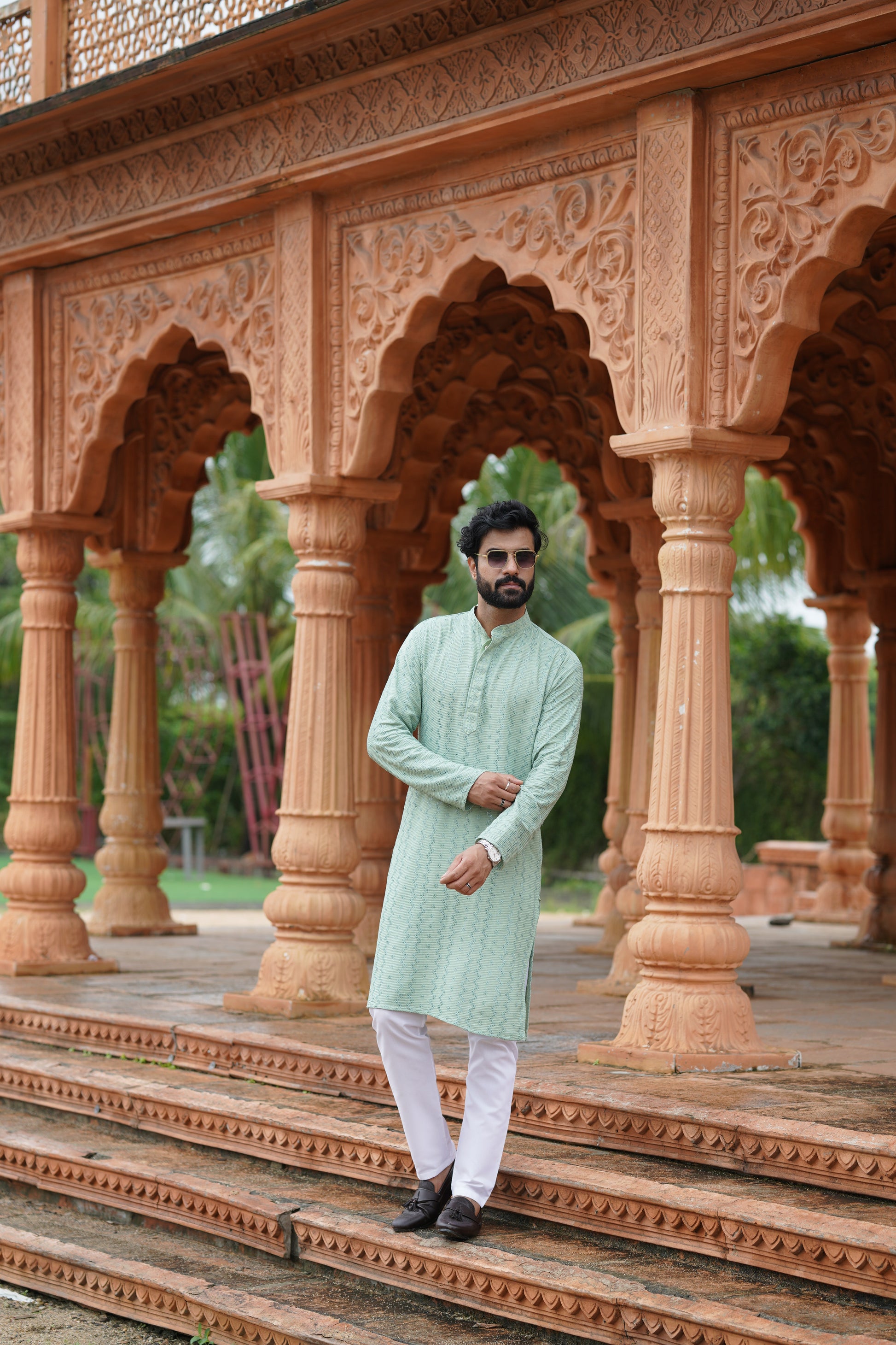 Men's Pista Green Chikankari Embroidered and Sequin Kurta