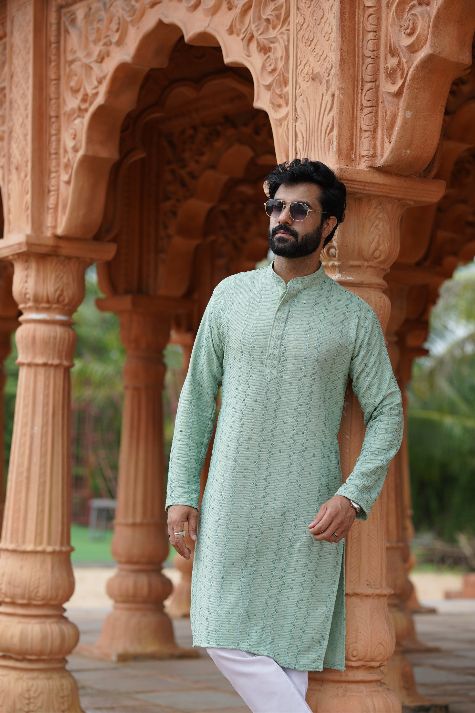Men's Pista Green Chikankari Embroidered and Sequin Kurta