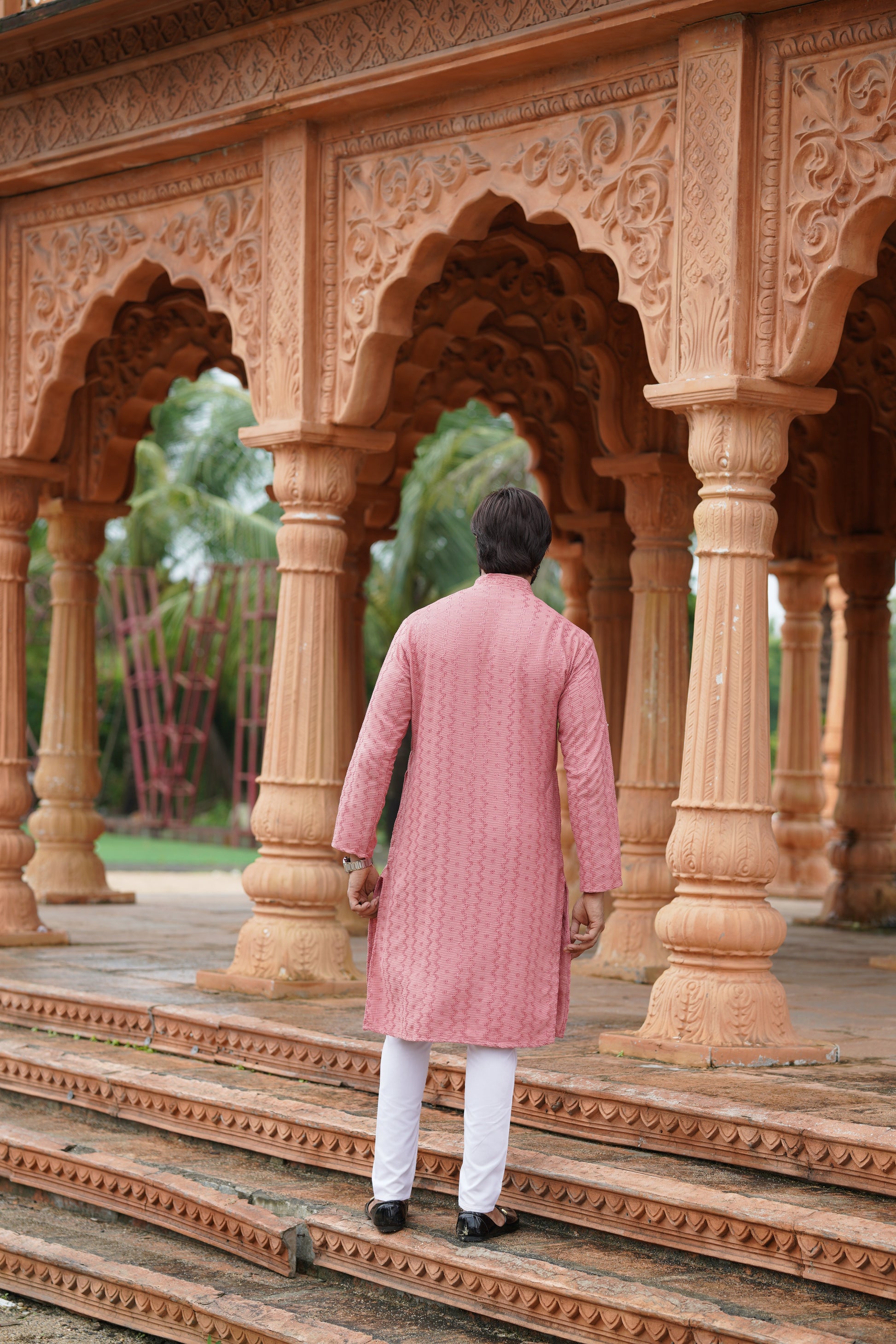 Men's Peach Chikankari Embroidered and Sequin Kurta