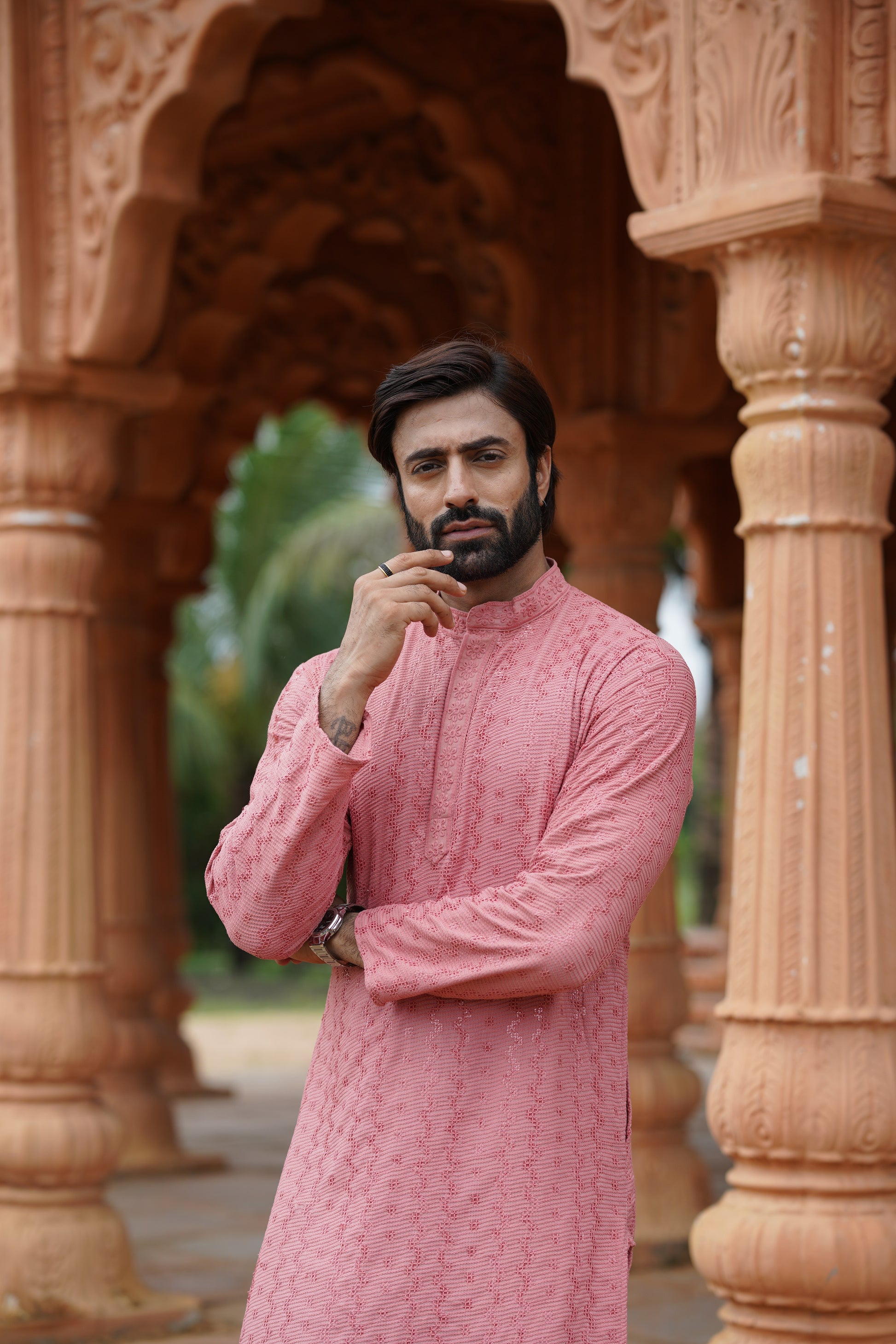 Men's Peach Chikankari Embroidered and Sequin Kurta