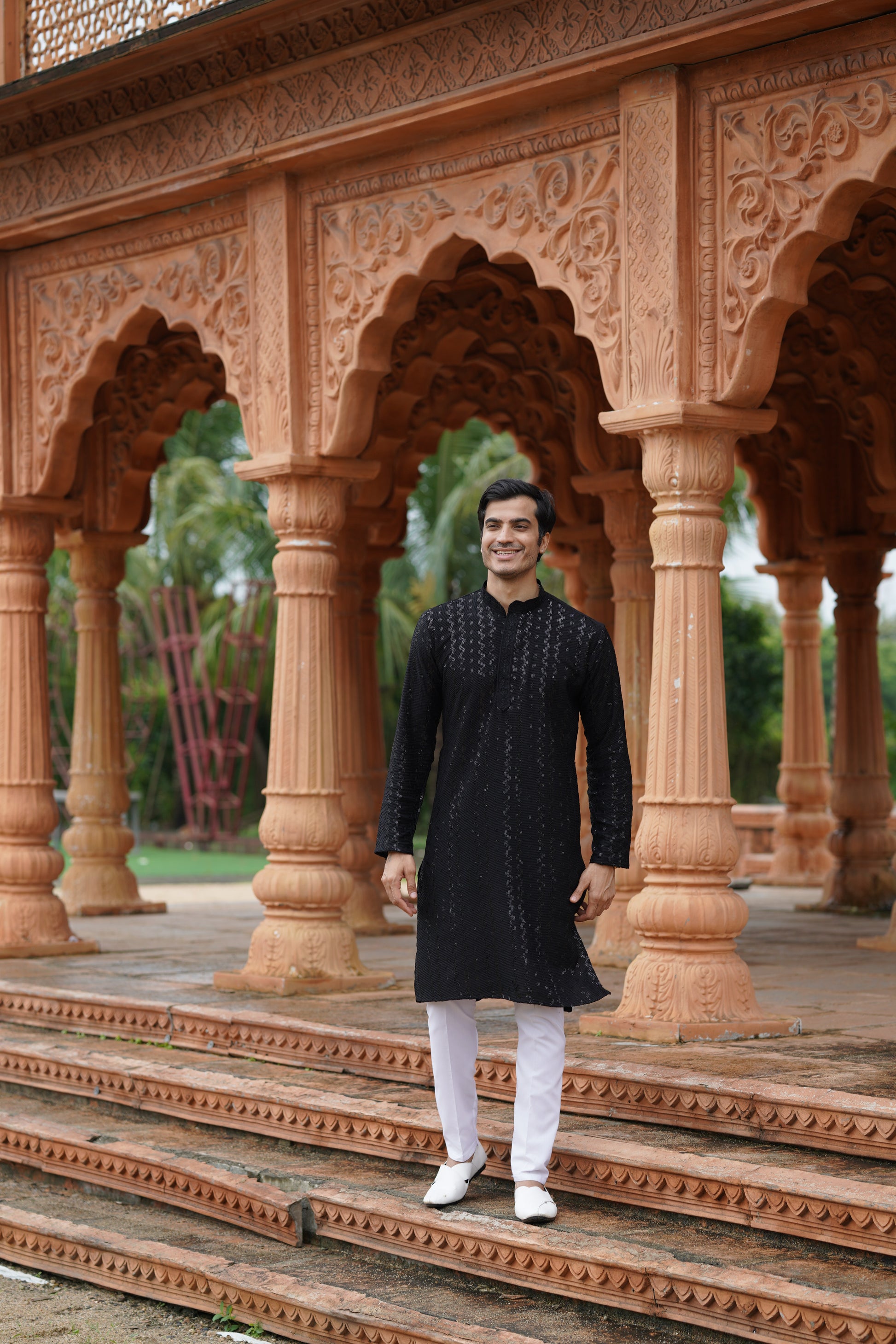 Men's Black Chikankari Embroidered and Sequin Kurta