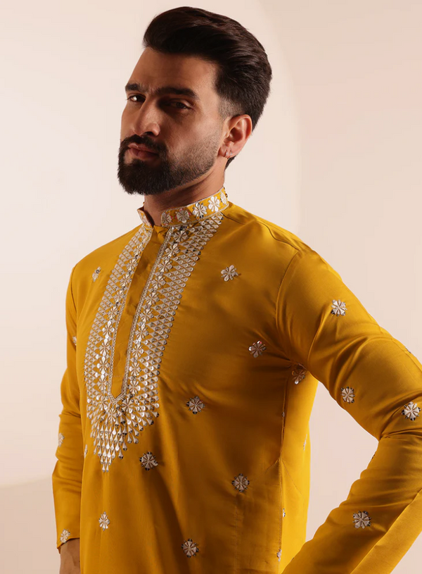 Men’s Cotton Silk Kurta with Neck Embroidery & All-Over Mirror Work - Marigold Yellow