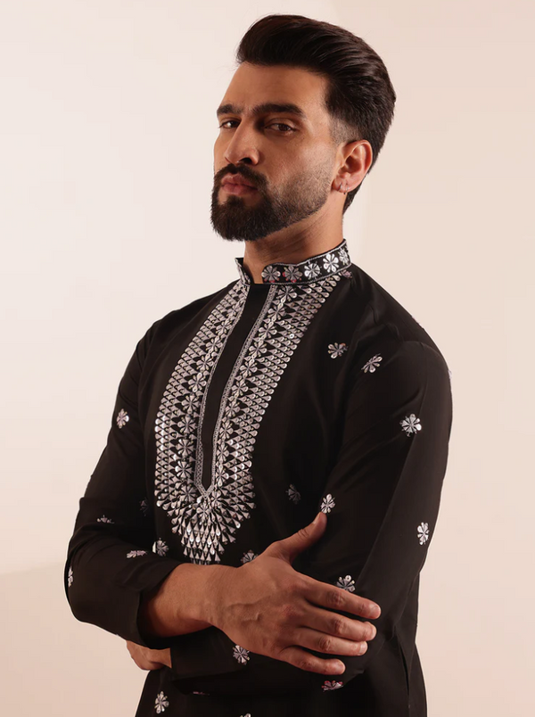 Men’s Cotton Silk Kurta with Neck Embroidery & All-Over Mirror Work - Black