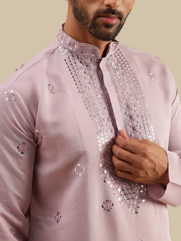 Men’s Cotton Silk Kurta with Neck Embroidery & All-Over Mirror Work - Lavender