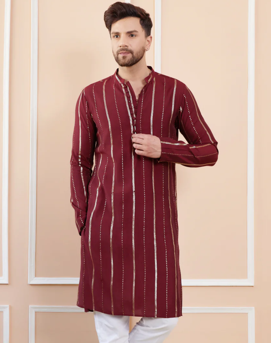 Mens Vertical Sequin Embroidered Kurta Set in Silk Blend