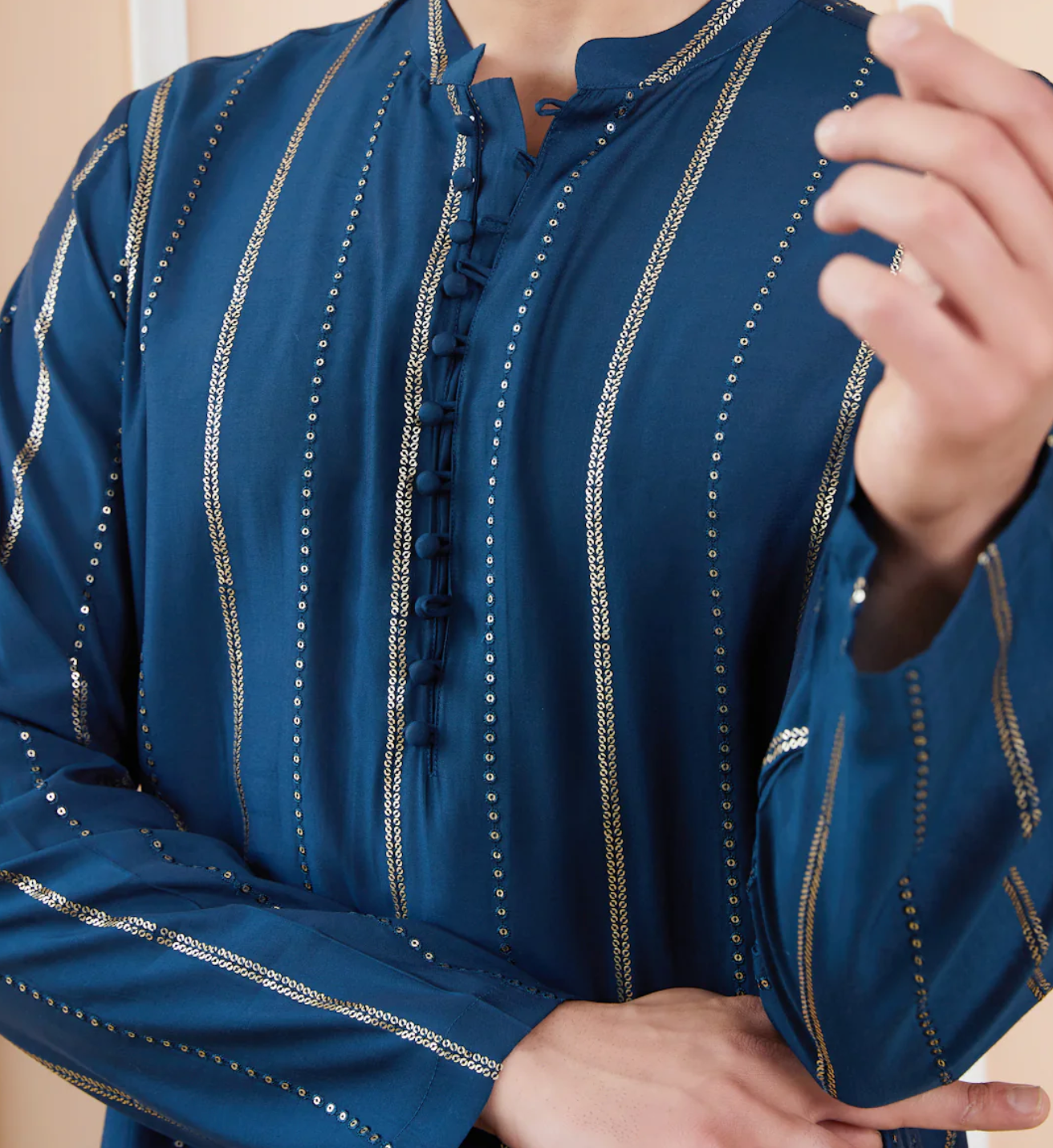 Mens Vertical Sequin Embroidered Kurta Set in Silk Blend
