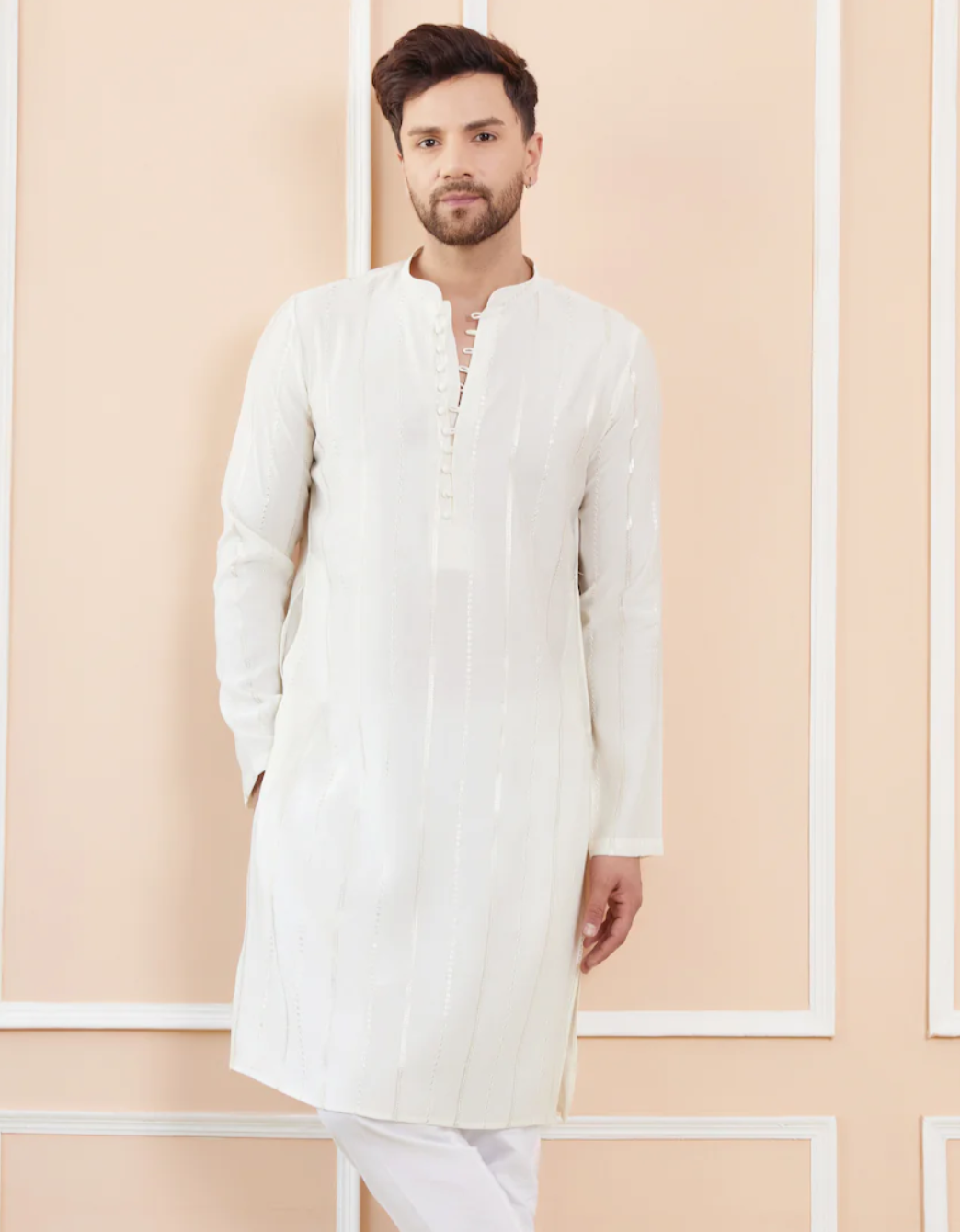 Mens Vertical Sequin Embroidered Kurta Set in Silk Blend