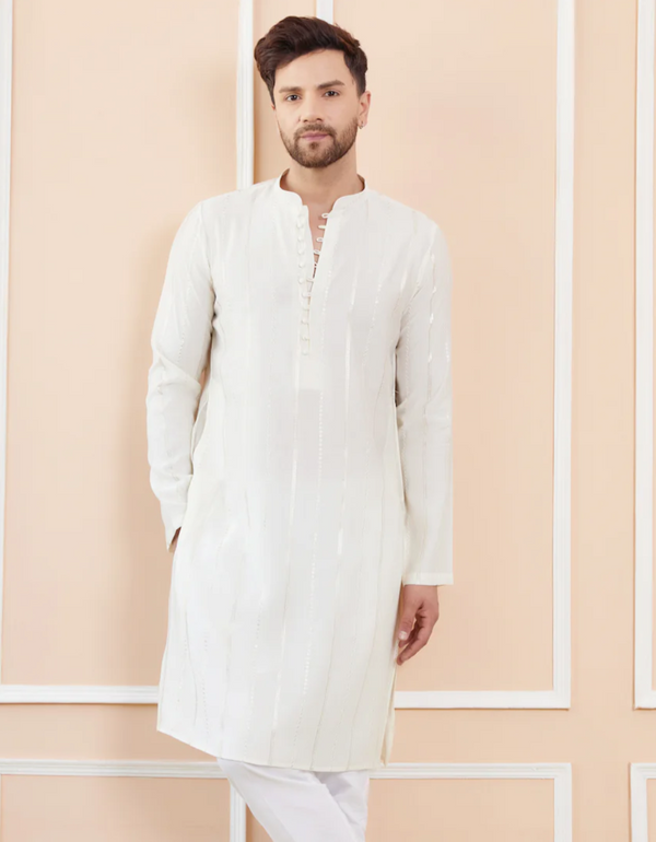 Mens Vertical Sequin Embroidered Kurta Set in Silk Blend - White