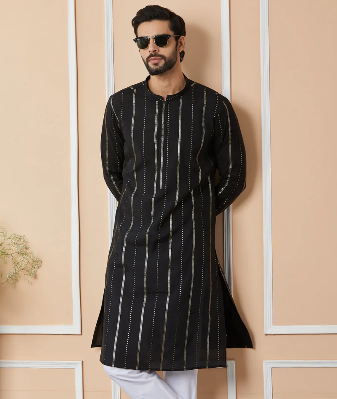 Mens Vertical Sequin Embroidered Kurta Set in Silk Blend