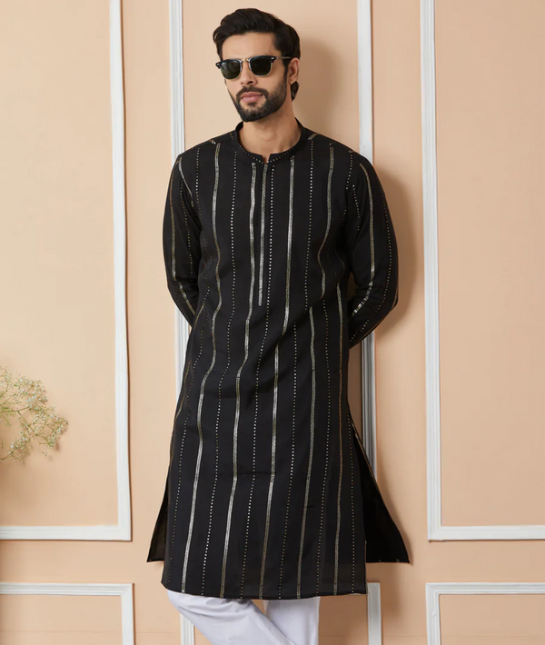Mens Vertical Sequin Embroidered Kurta Set in Silk Blend - Black