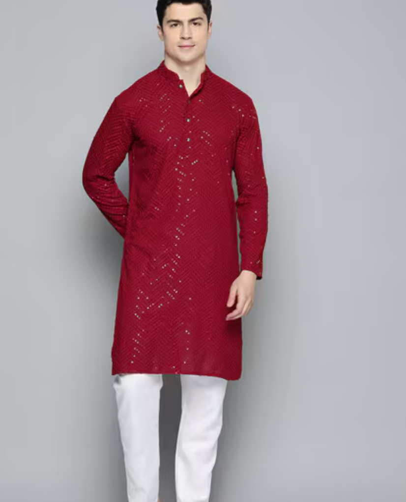 Men's Sequin Embellished Kurta - Festive Wear