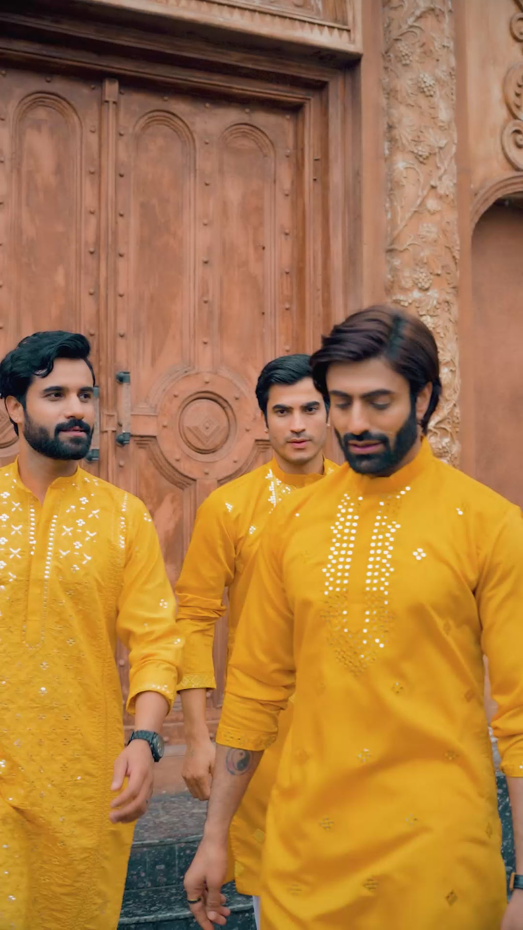 Mustard Mirror Work Kurta Set for Men with Sequin Embroidery