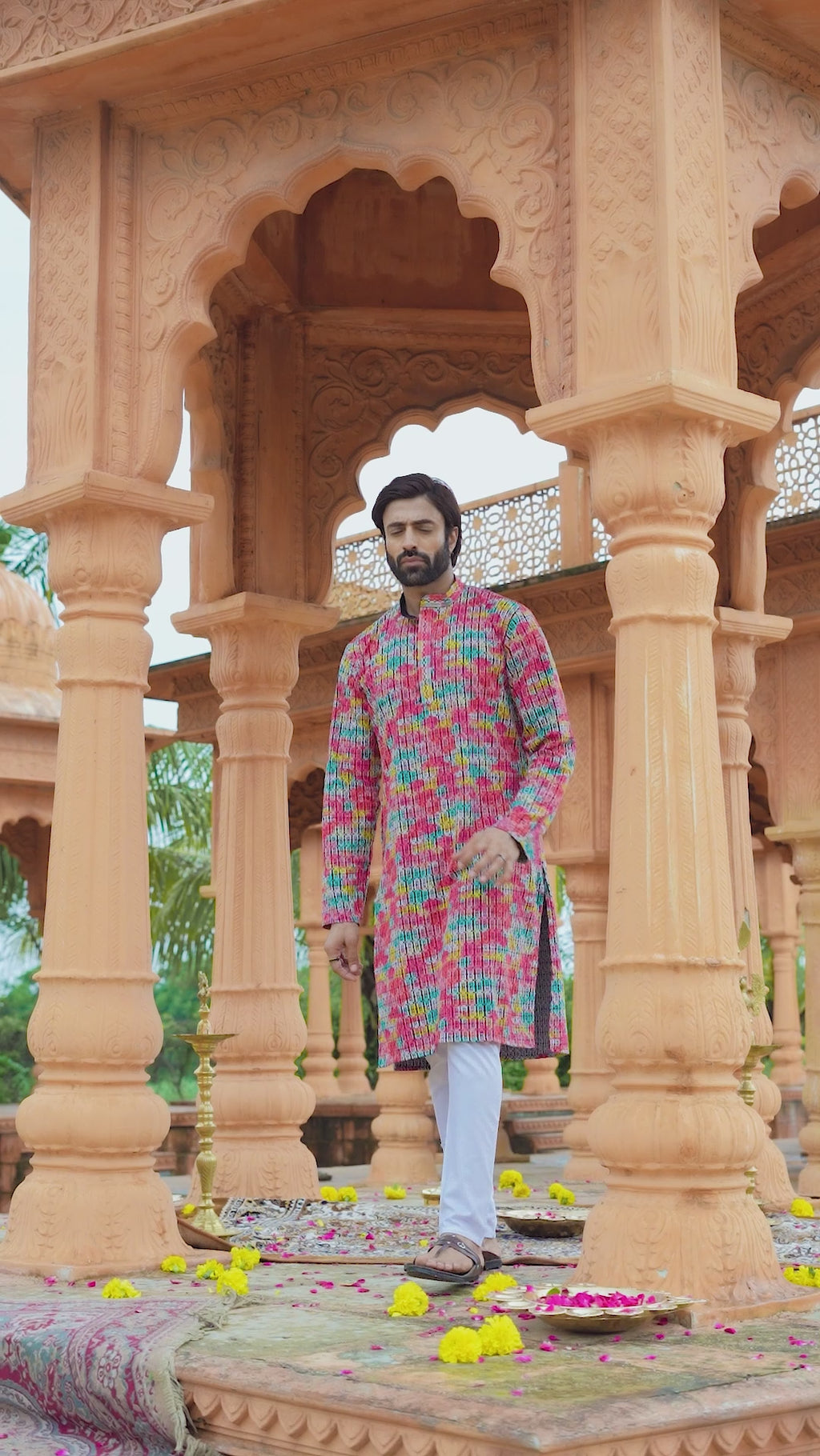 Multicolour Men’s Grid Print Chikankari Embroidered Kurta