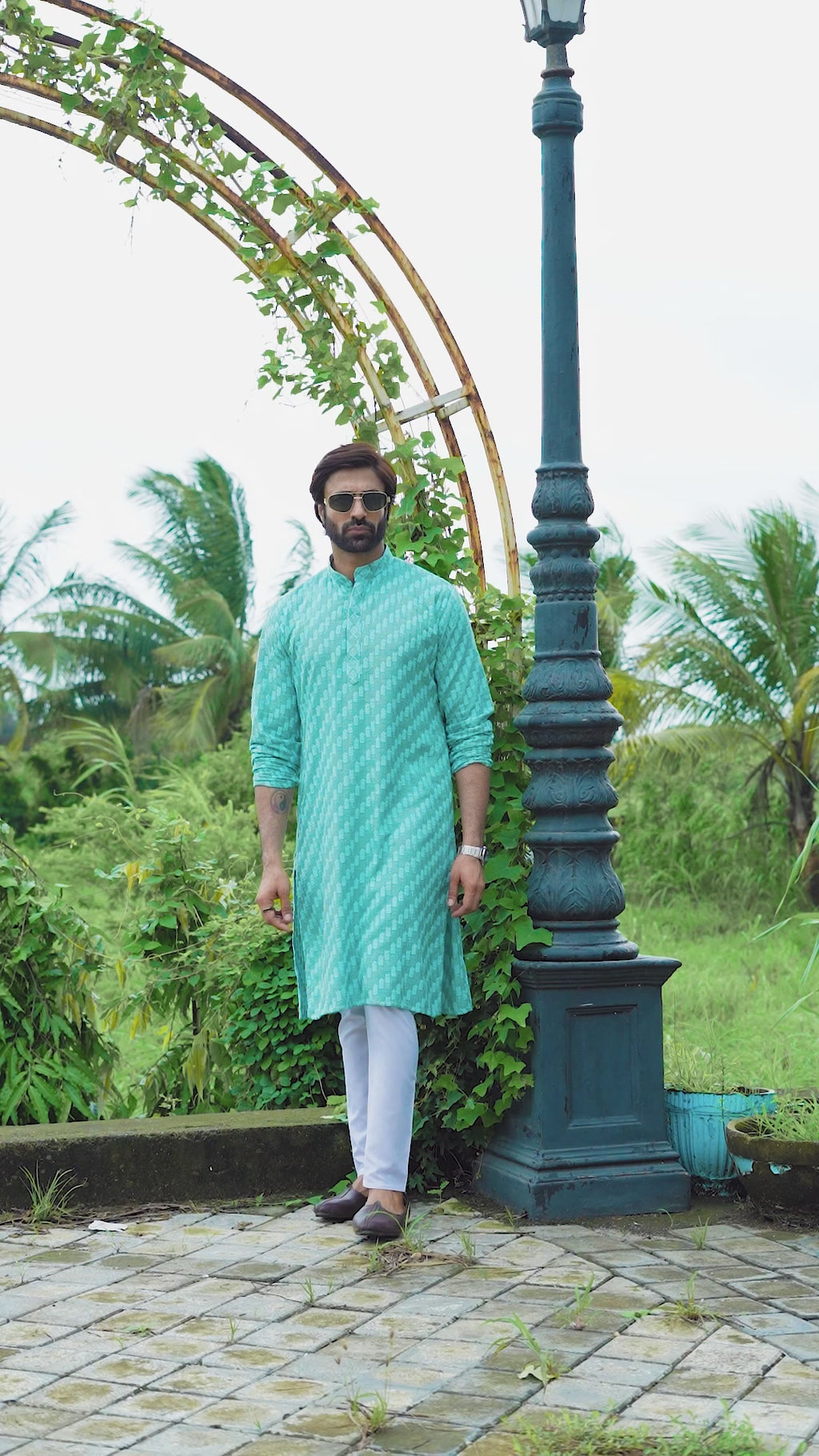 Aqua Blue Designer Lucknowi Embroidered Men's Kurta Pyjama Set