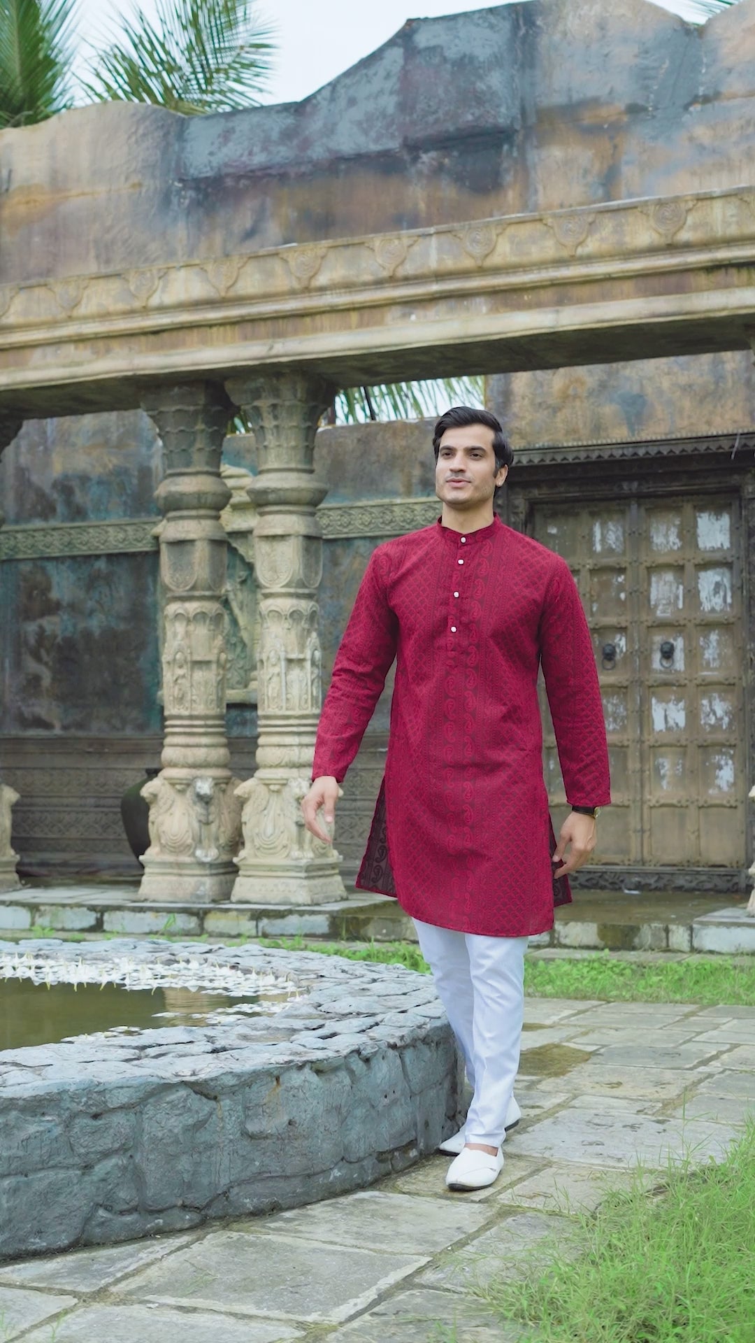 Maroon Georgette Chikankari Kurta for Men with Fine Detailing