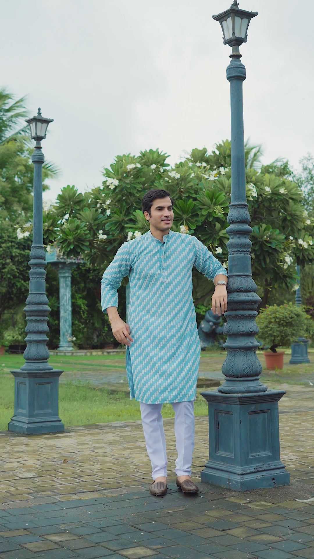 Blue Designer Lucknowi Embroidered Men's Kurta Pyjama Set