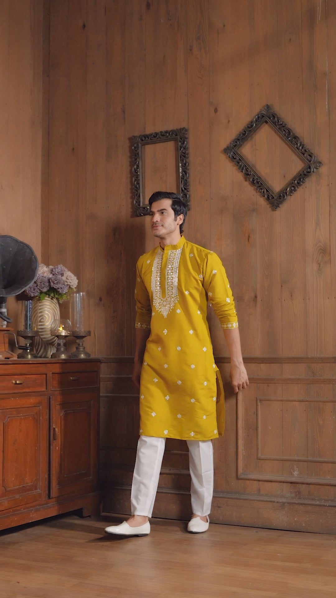 Mustard Cotton Silk Men's Kurta with Neck Embroidery & All-Over Mirror Work