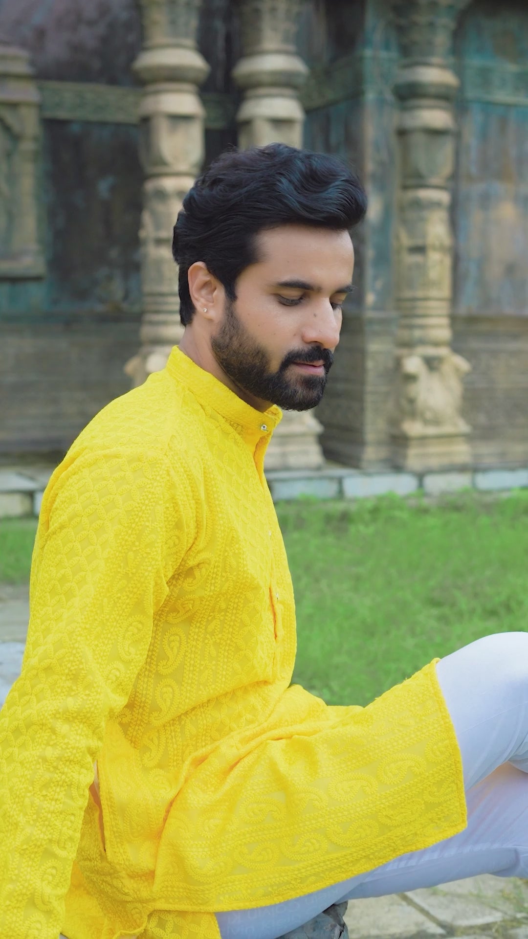 Yellow Georgette Chikankari Kurta for Men