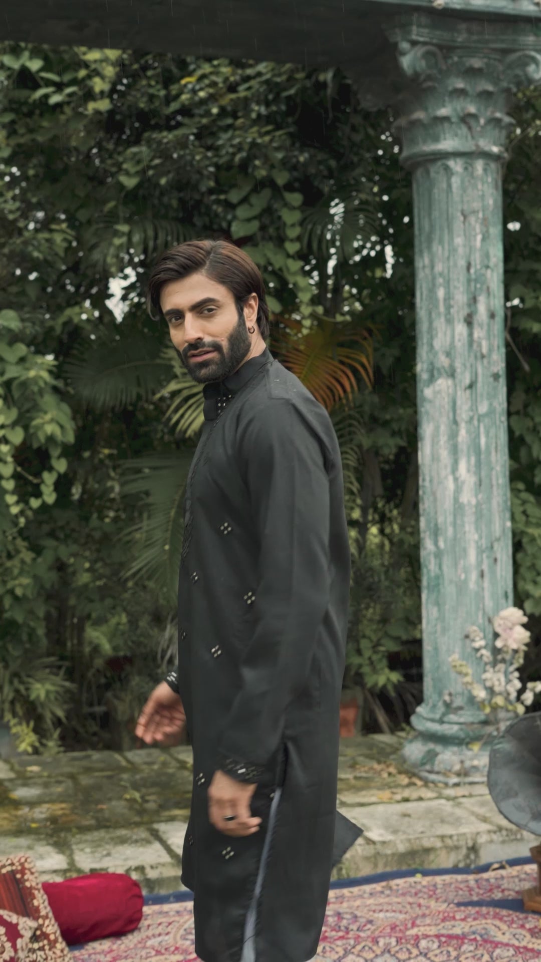 Black Festive Mirror Embroidered Cotton Kurta Set for Men