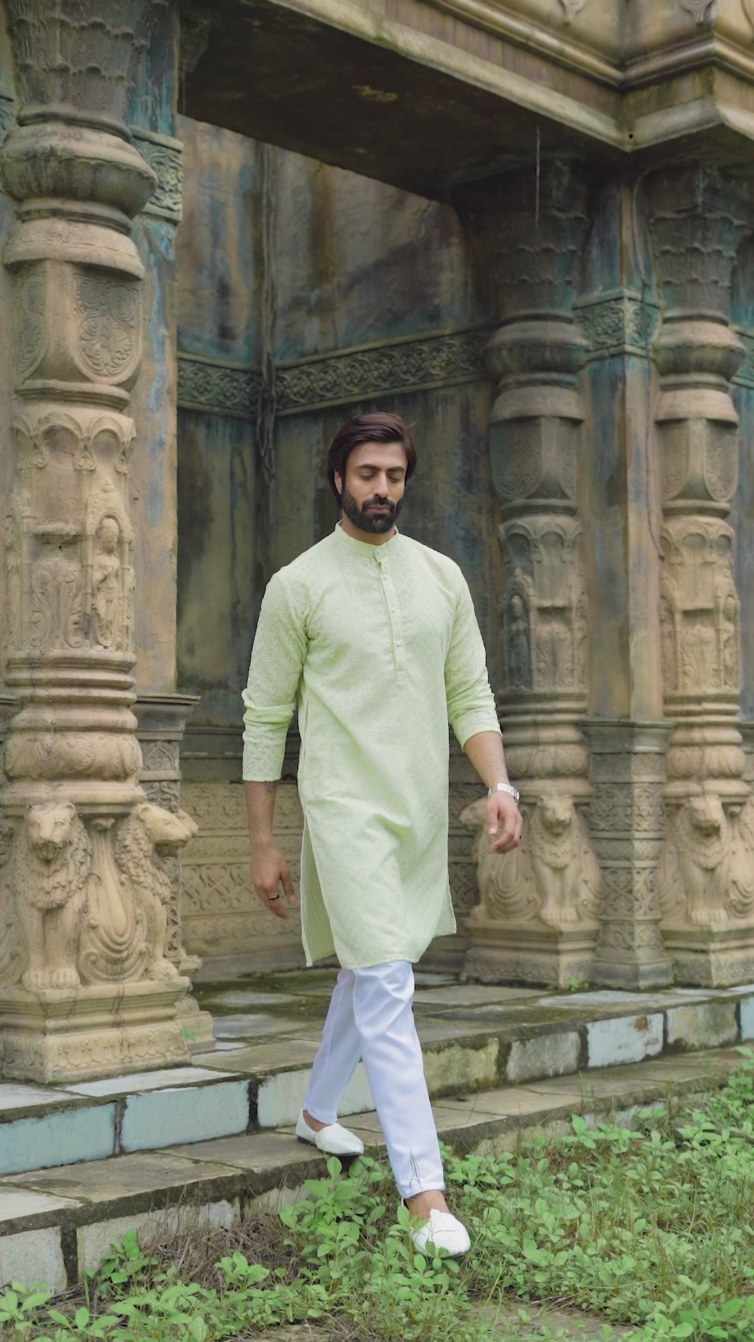 Pista Green Georgette Chikankari Kurta for Men with Fine Detailing