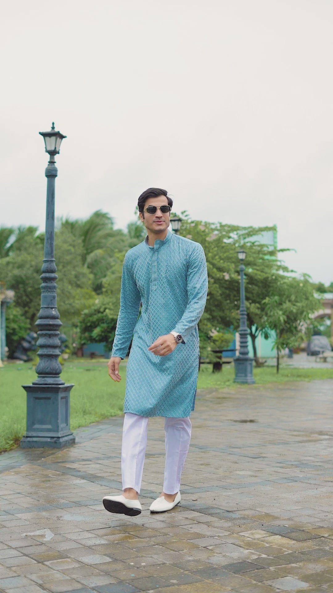 Men’s Blue Grey Viscose Kurta with Sequin Detailing