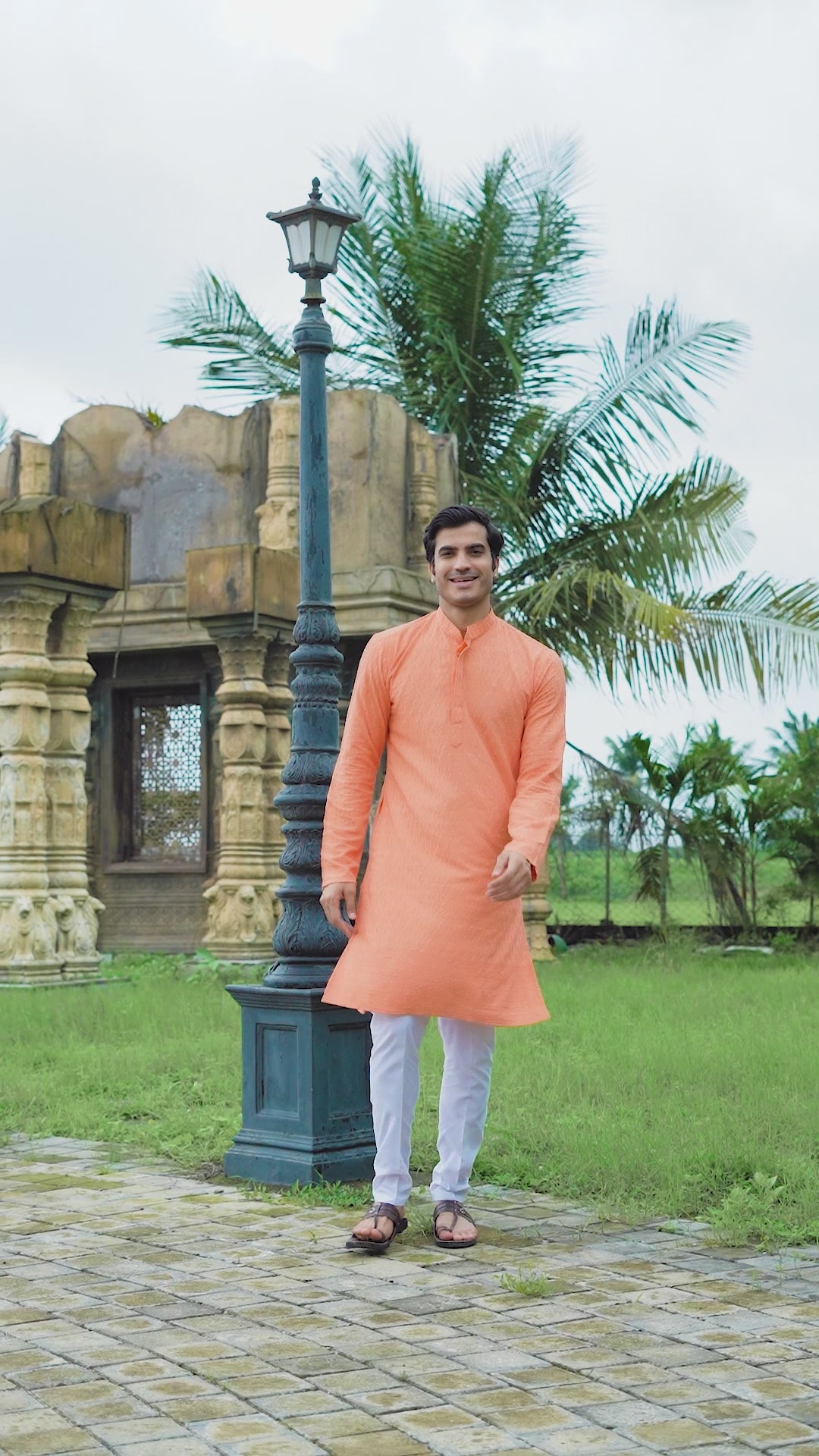 Peach Chikankari Embroidered Men’s Kurta Pyjama Set