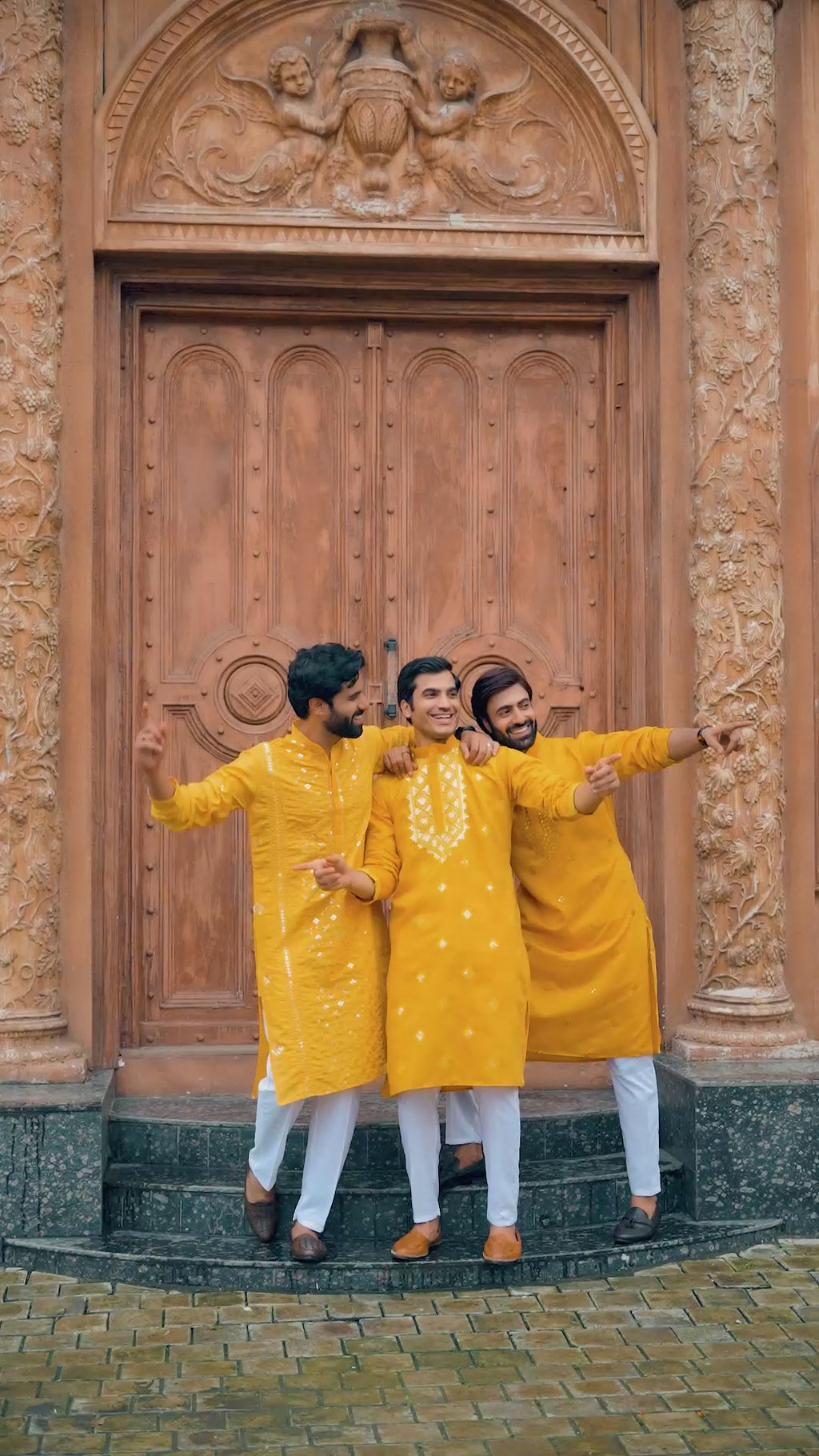 Yellow Festive Mirror Embroidered Cotton Kurta Set for Men