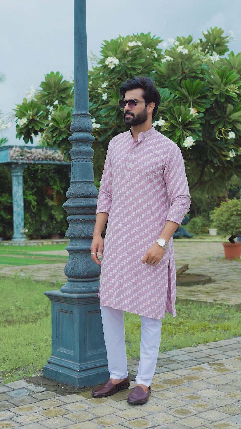 Mauve Designer Lucknowi Embroidered Men's Kurta Pyjama Set