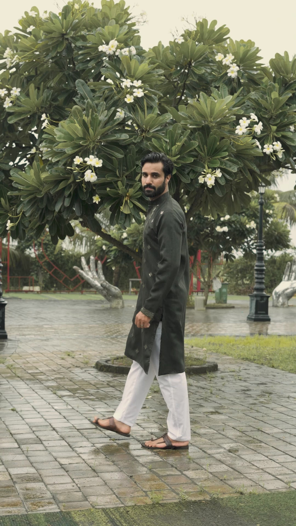 Olive All-Over Mirror Embroidered Kurta Set for Men