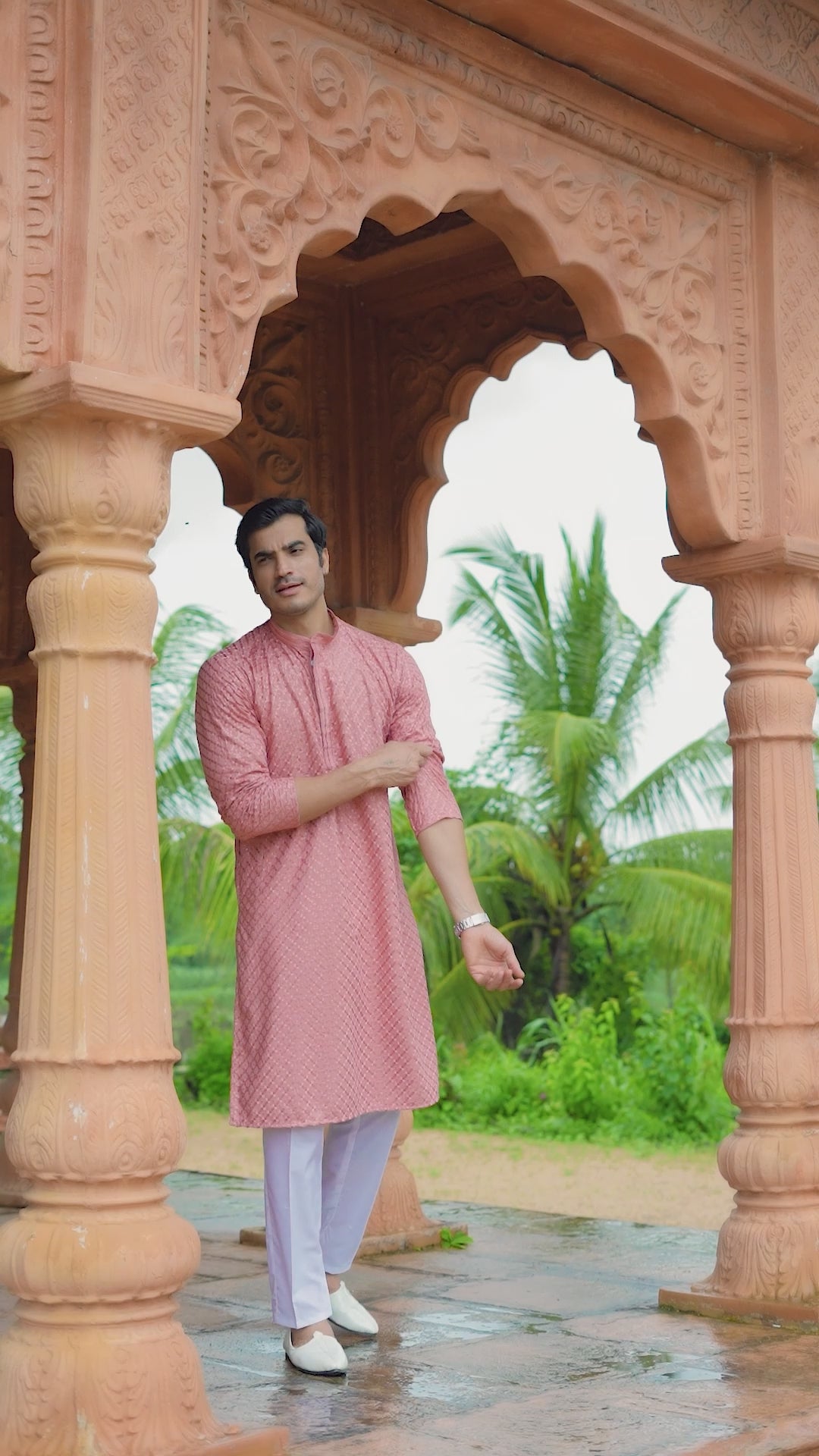 Men’s Rust Pink Viscose Kurta with Sequin Detailing