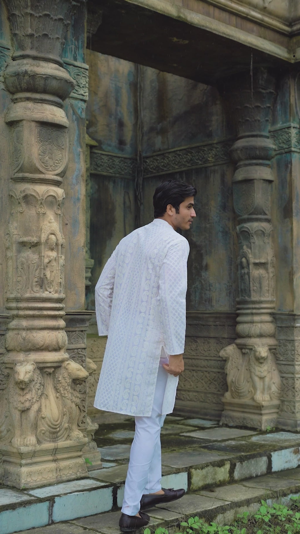 White Georgette Chikankari Kurta for Men with Fine Detailing