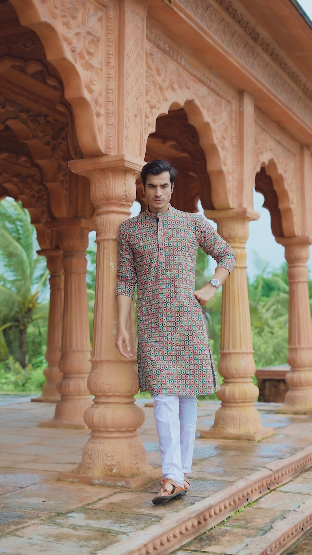 Green Men’s Grid Print Chikankari Embroidered Kurta