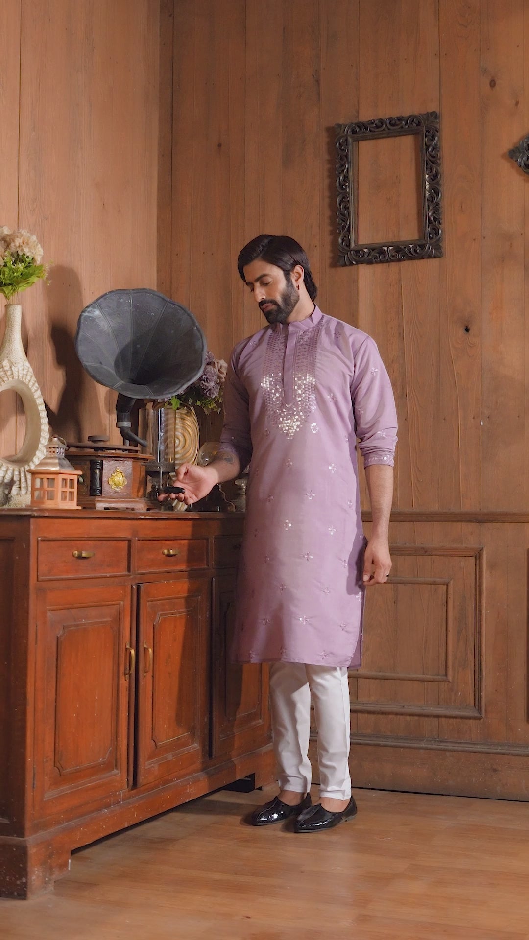 Lavender Cotton Silk Men's Kurta with Neck Embroidery & All-Over Mirror Work